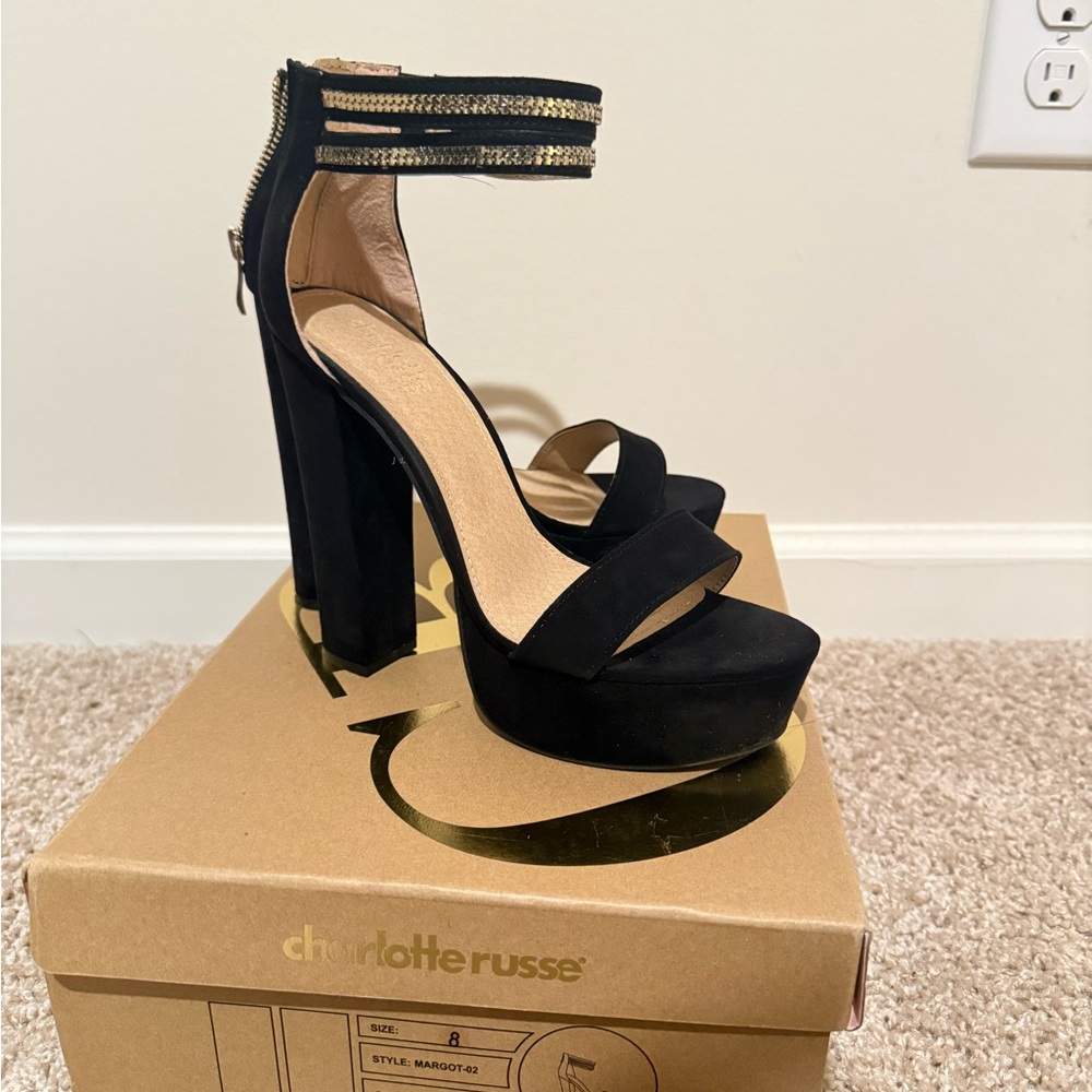 Charlotte Russe Black and Gold Strappy Heels